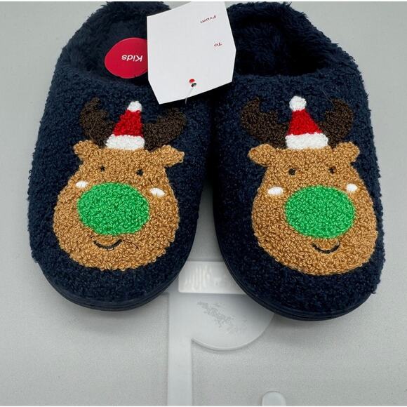 Slippers Kids 4-5 Holiday Reindeer Cozy Fuzzy Teddy Sherpa Lounge Fun Playful - Picture 2 of 8